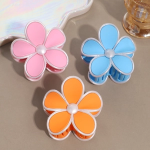 Lot de 3 pinces à cheveux fleurs mates rose, bleu et orange avec accents perlés