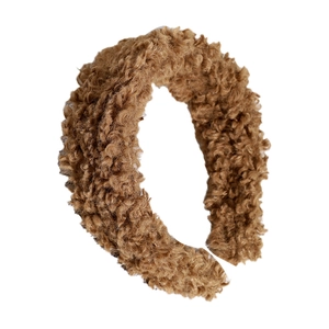 Brown faux shearling headband with fluffy texture and U-shaped wide brim design