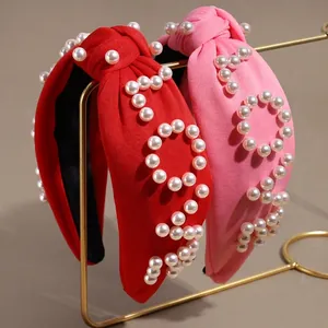 Women Wide Knotted Headband Fashion Fabric Hair Band Artificial Pearl Rhinestone LOVE Letter For Valentine Day Party Hair Accessories Decor
