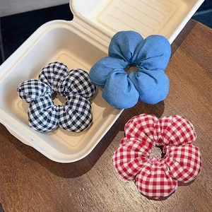 Koreanische Süße Blumen Karierte Große Scrunchies Handgefertigte Stoff Blumen Haargummis Für Damen Mädchen Täglich Haarschmuck