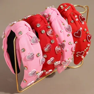 Serre-tête Noué avec Cœur en Strass et Künstliche Perle pour la Saint-Valentin Bandeau en Tissu à Bord Large pour Femmes