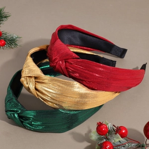 Lot de trois serre-têtes noués brillants en tissu métallique festif rouge or et vert