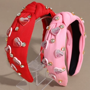 Serre-têtes noués rouge et rose avec strass et breloques en forme de cœur pour cheveux