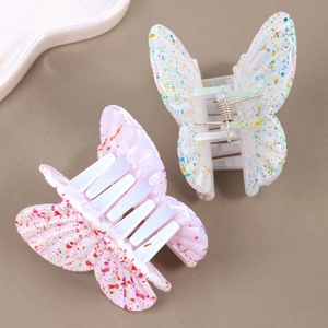 Elegant butterfly hair claw clips with colorful splash ink design on translucent white resin