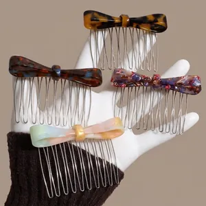 Vintage Acetate Bow Metal Hair Comb Retro Tortoiseshell Iridescent Floral Hair Fork Elegant Hair Accessories For Women
