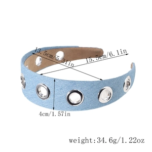 Detailed size chart of denim headband with silver studs showing dimensions and weight