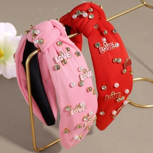 Pink and red knotted headbands with pearls, rhinestones and LOVE metal charms for women