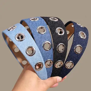 Punk Denim Fabric Wide Headband Metal Eyelet Rivet Decor Unisex Navy Blue Black Jeans Hair Band Fashion Accessories