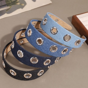 Denim wide headbands with silver metal eyelet studs in multiple vintage blue washes