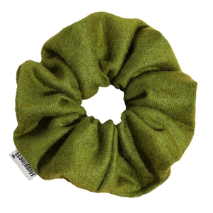 Deep olive green wool knit scrunchie with Happiness label for Korean style low ponytails