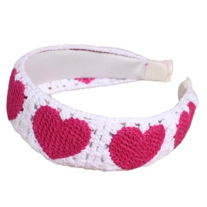 Cerchietto per capelli in maglia bianca fatto a mano con cuori rosa e fascia larga donna
