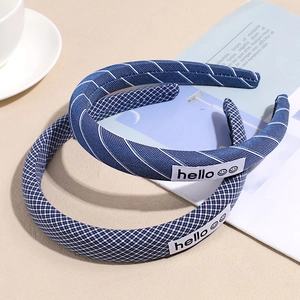 Korean Style Sweet Fabric Sponge Headband For Women Blue White Plaid Stripe Narrow Hairband With Letter Tag Hair Accessories