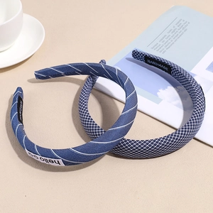 Elegant plaid and striped blue fabric sponge headbands with handmade labels for women