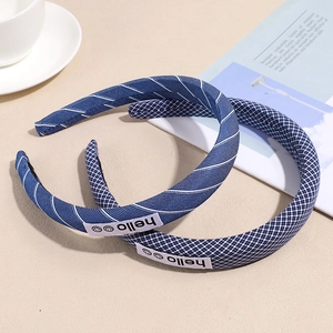 Sweet Korean style navy twill and gingham fabric sponge headbands with hello labels