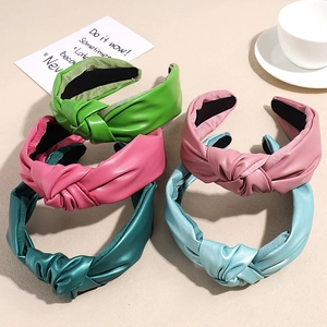 Solid Color PU Artificial Leather Wide Knot Headband For Women Simple Fashion Top Knot Hairband Elegant Hair Accessories