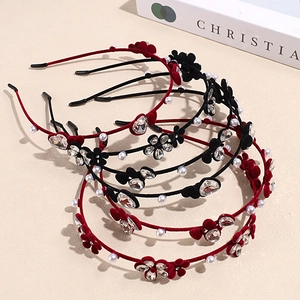 Serre-tête en velours avec perles et strass rouge et noir pour femme accessoires