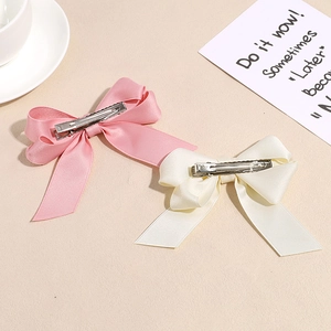 Pink and cream satin double bow hair clips with silver metal spring clips set of two