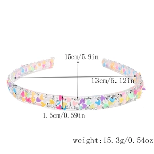 Detail showing dimensions of sweet macaron heart rhinestone headband with teeth