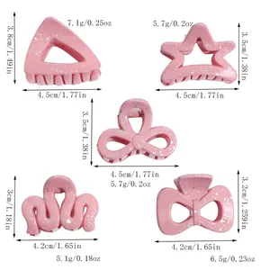 Size chart showing dimensions and weight for five pink geometric acrylic hair claws