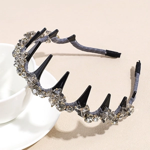 Serre-tête en cristal gris étincelant avec dents pour femmes, accessoire de cheveux chic