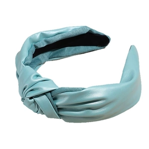Fashion light blue faux leather knotted headband with wide brim for women's hair styling