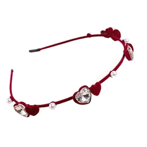 Serre-tête en velours rouge avec strass et perles décoratives en forme de cœur