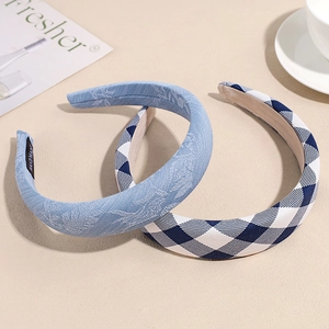 Blue plaid and floral handmade sponge headband set for women with non-slip lining