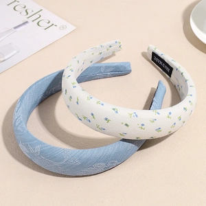 Blue floral and leaf pattern sponge padded headbands with handmade cloth texture