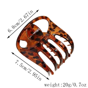 Detail view of leopard print hair claw clip measuring 7.5cm by 6.8cm with glossy finish