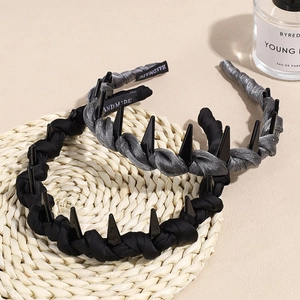 Fashionable braided mesh headband set in black and silver with non-slip rhinestone detail