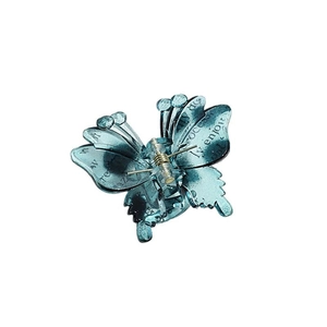 Blue translucent butterfly hair claw clip with floral pattern and gold metal spring