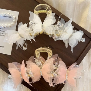 Three Dimensional Organza Butterfly Hair Claw Clip Elegant Large Mesh Butterfly Shark Clip With Faux Artificial Pearl Rhinestone For Women Hair Accessories