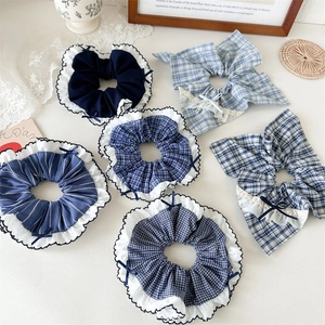 Sweet Lace Plaid Striped Scrunchies With Bowknot Design High Elasticity Hair Ties Fashion Ponytail Holder For Women Girls Hair Accessories