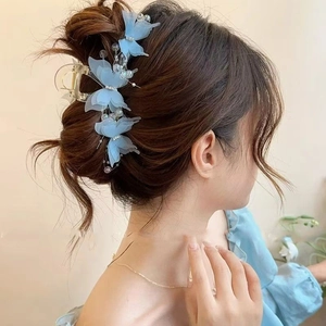 Elegant light blue 3D butterfly hair claw clip with tassels and pearls for women