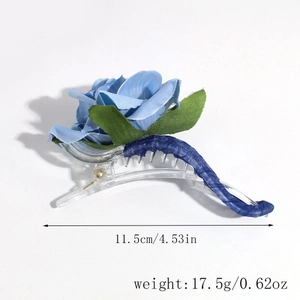 Detail view of 11.5cm blue satin rose hair clip with size and weight annotations