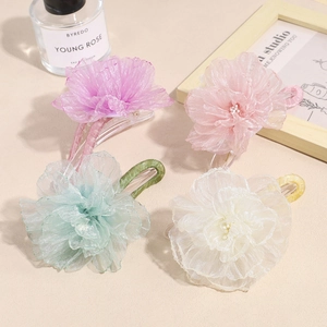 Organza Flower Hair Clip Large Bowknot Artificial Pearl Hair Claw Women Girls Sweet Handmade Fabric Floral Headpiece Accessory