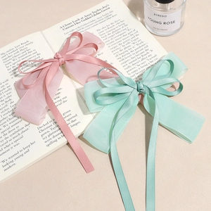 Elegant oversized layered bow hair clip set with pink and mint green organza streamers