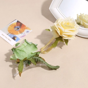 Elegant large 3D flower hair claw clips with fabric rose petals and green leaves