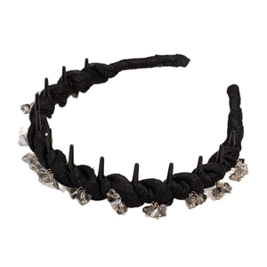 Sparkling rhinestone mesh headband in black twisted fabric with non-slip teeth for women