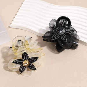 Elegant mesh flower hair claw clips with rhinestones and gems in black and cream beige