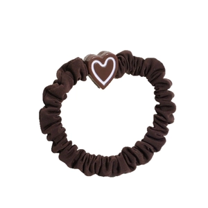 Minimalist heart-accented dark brown scrunchie with elastic polyester pleated fabric