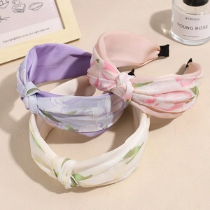 Set de diademas de flores rosa morado y crema con nudo decorativo estilo coreano