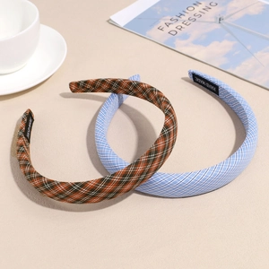 Classic plaid fabric headbands in brown and blue with thick high-top design