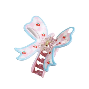 Pinza per capelli a farfalla a scacchi rosa con motivi ciliegia per acconciature