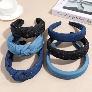 Mode Denim Stoff Geknotetes Stirnband Für Damen Retro Gepolstertes Strass Punktmuster Haarband Süße Coole Mädchen Haarschmuck
