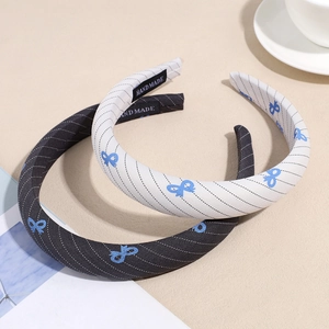 Elegant navy blue bow stripe headbands for women, set of two handmade hair accessories