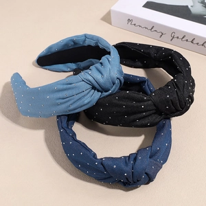Geknotetes Denim-Stirnband-Set mit funkelnden Nieten in Hellblau, Schwarz und Dunkelblau