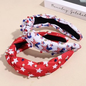 Serre-tête nœud drapeau américain avec strass colorés et perles blanches élégantes