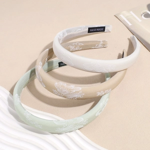 Three-piece satin floral embroidery headbands set in beige, khaki, and light green colors