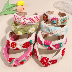 Handmade Knitted Flower Strawberry Wide Brim Headband For Women Sweet Crochet Hair Hoop Daily Photo Prop Hair Accessories
